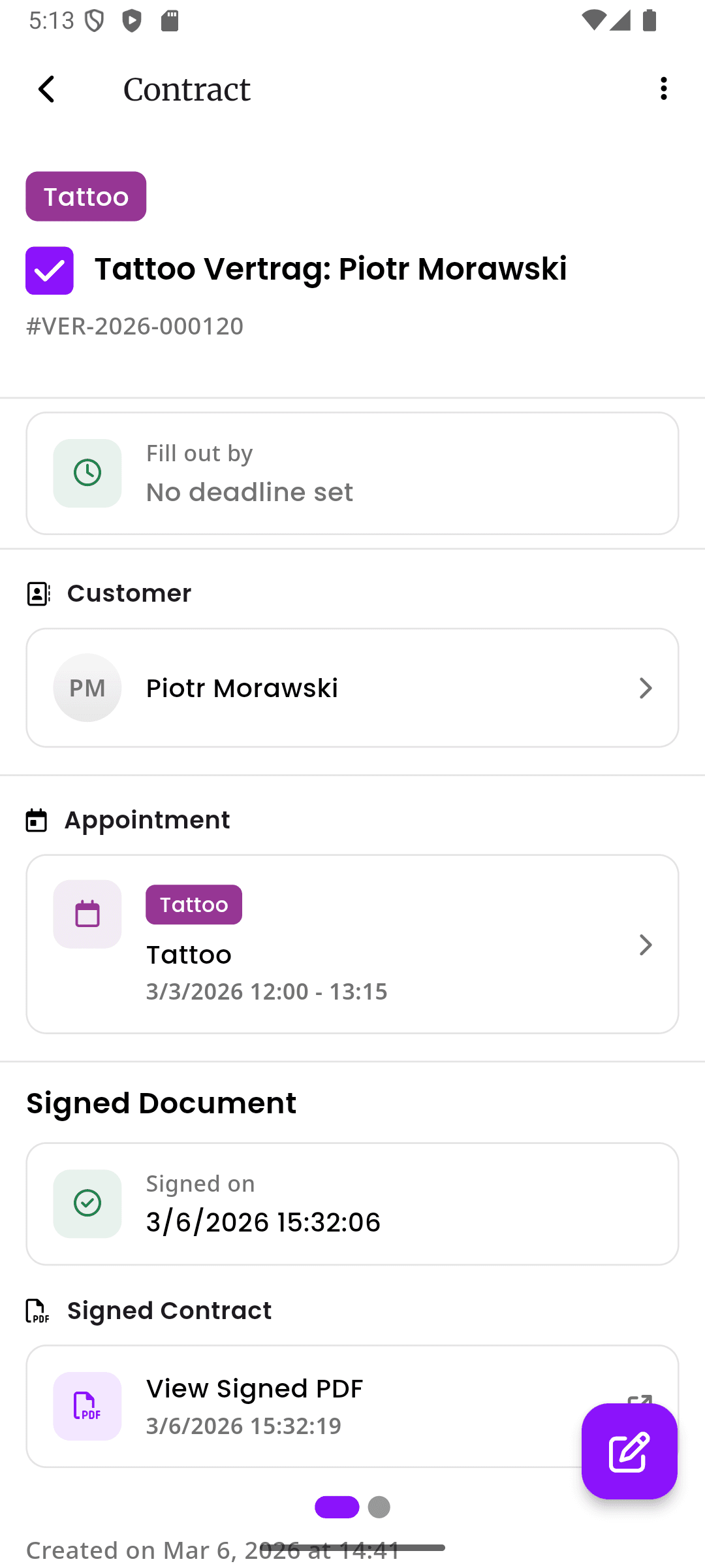 inkStar signed digital contract with customer details, linked appointment, signature timestamp, and downloadable PDF