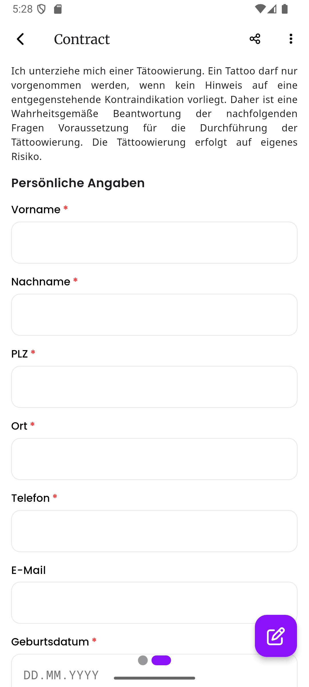 inkStar digital contract preview with photo consent, medical history form, and e-signature for tattoo studio client documentation