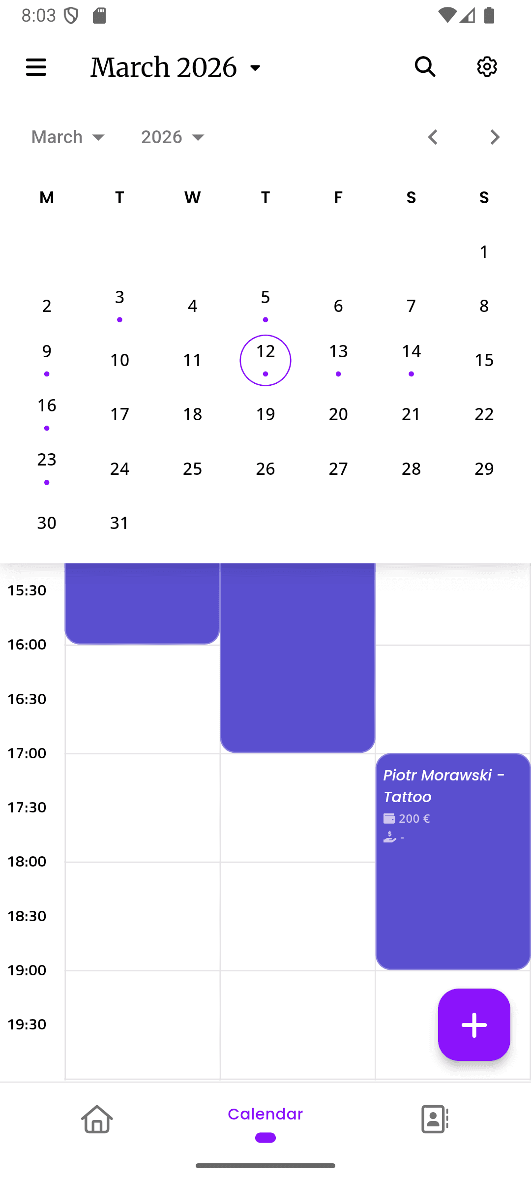 inkStar calendar view with piercing studio appointment schedule