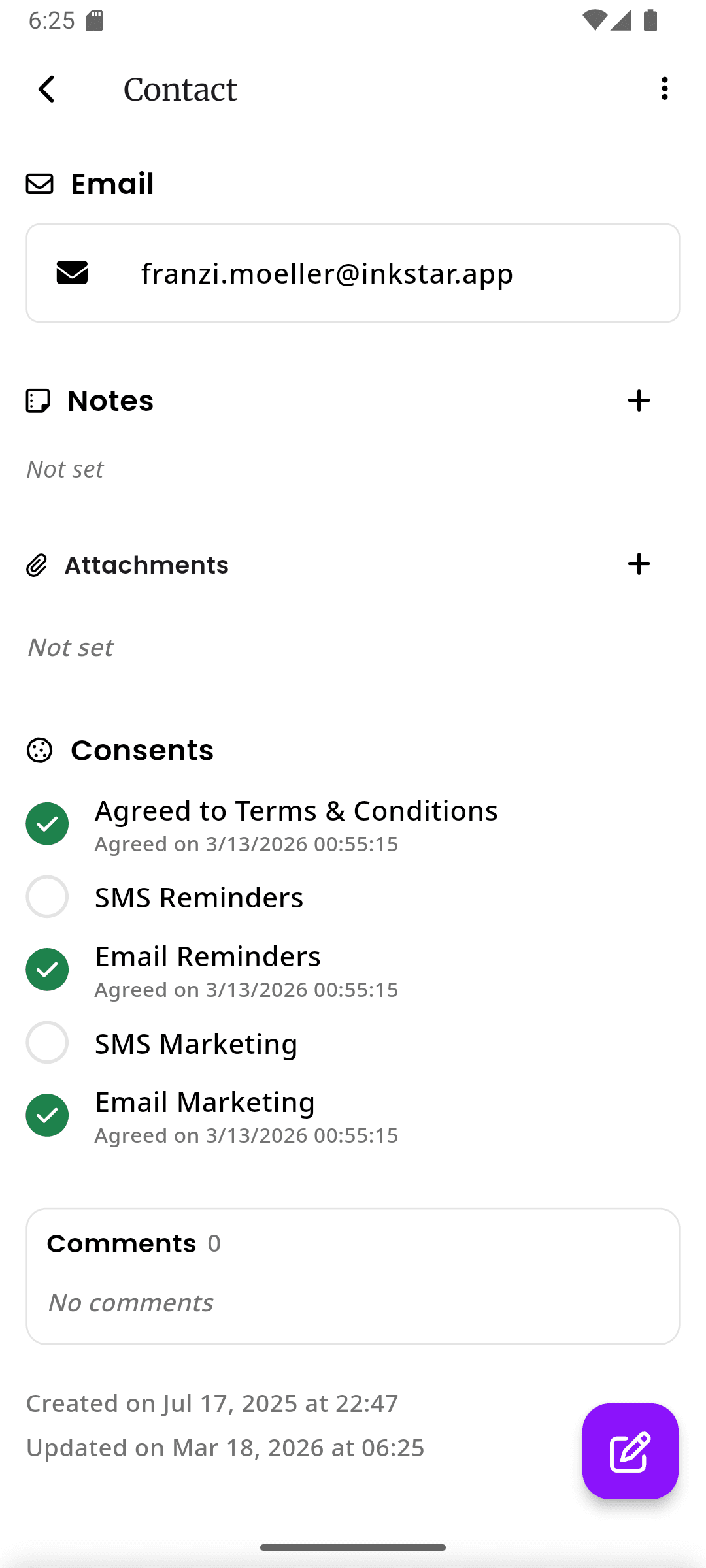inkStar consent management showing five consent types with status indicators