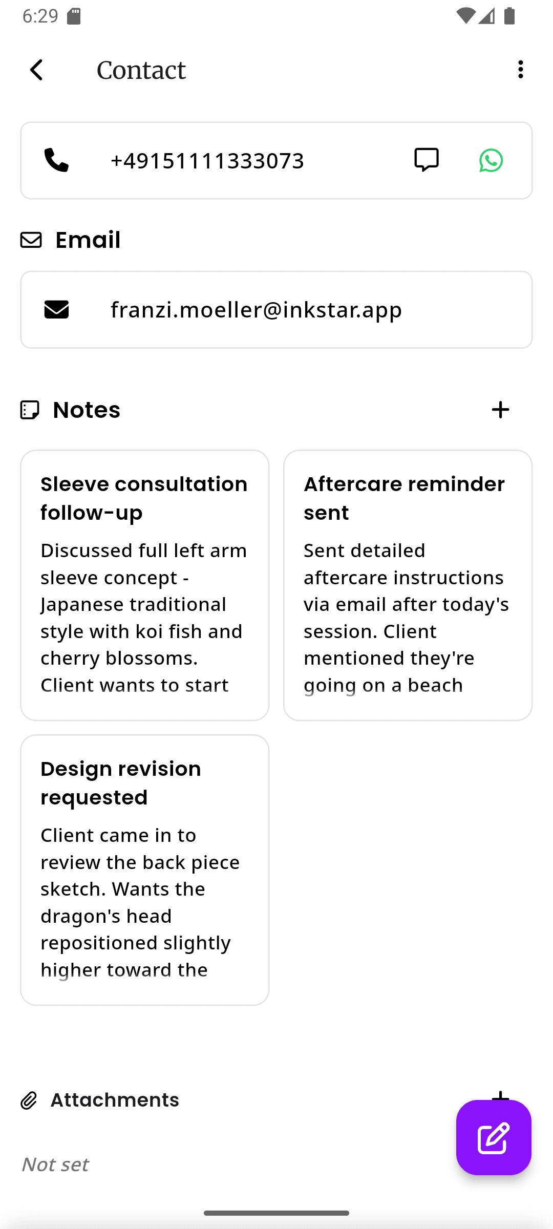 inkStar client notes and activity history showing timeline of interactions