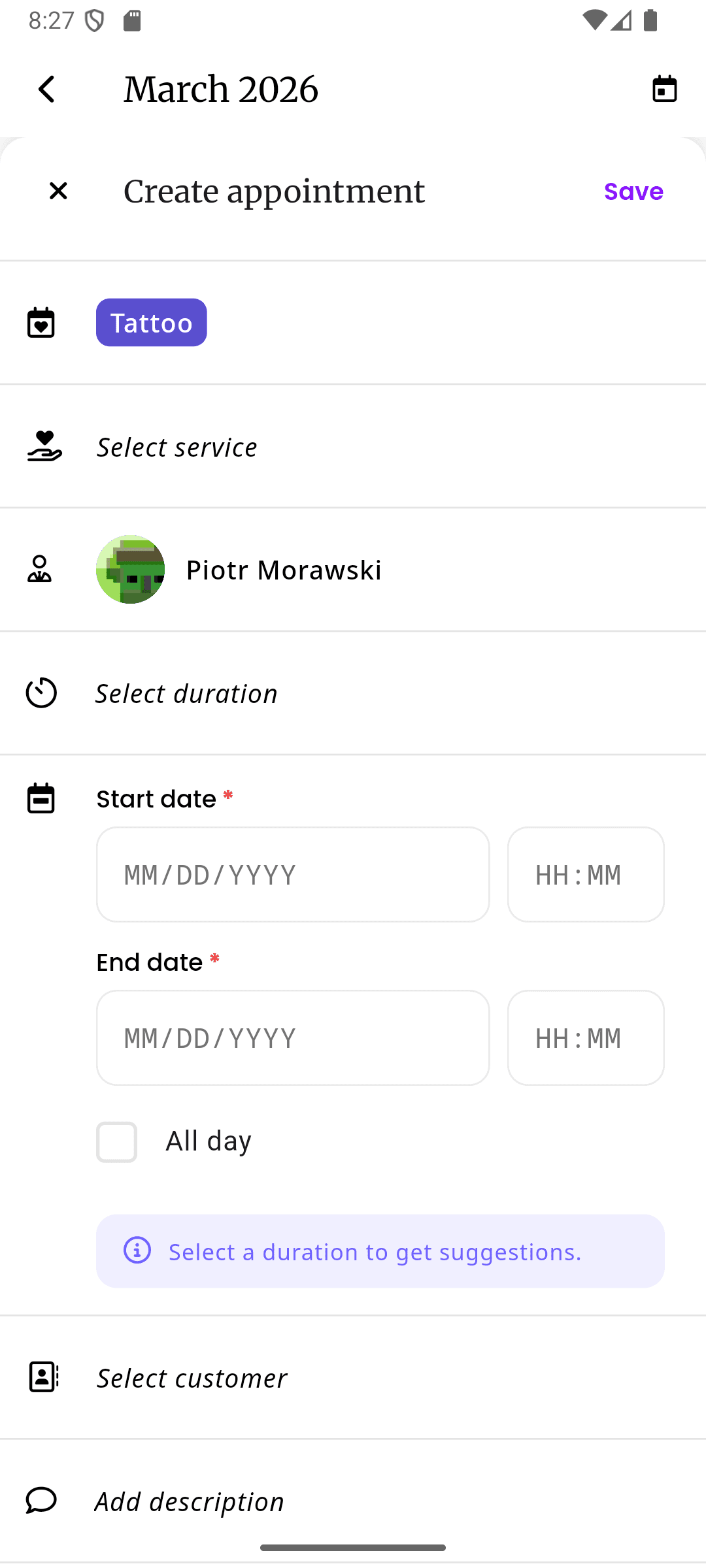 inkStar Online-Buchungsseite mit Leistungsauswahl und verfügbaren Zeitfenstern